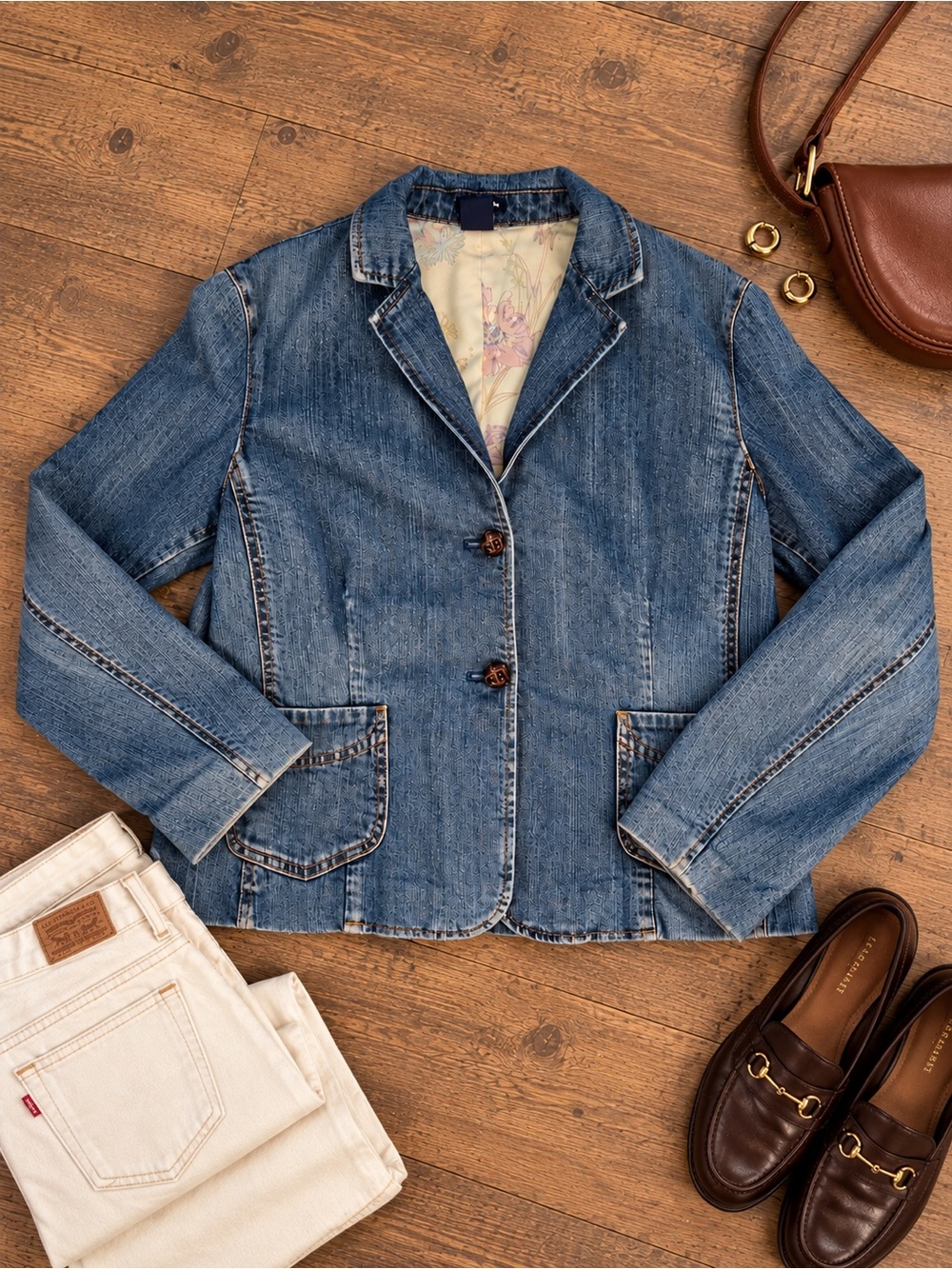 Gap Stretch Fall 2004 Denim Blazer Jacket Floral Lined Size 16 Y2K